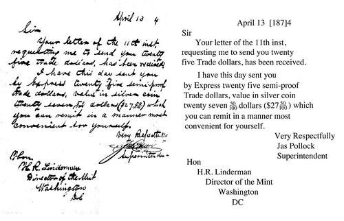 Pollock Trade Dollar letter 1874
