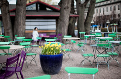 Café with green and lilac chairs
