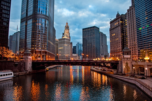 city morning urban chicago reflection architecture clouds photoshop buildings river dawn nikon midwest colorful downtown day cloudy il bluehour trumptower wrigleybuilding chicagoriver vividcolors chicagoil windycity d90 nikond90 bryanjaronik