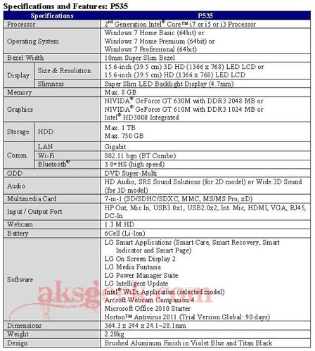 specifications of P535