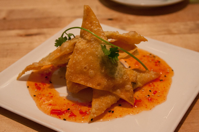 Green Elephant: crispy wonton stuffed with soy cheese and spinach, served with a sweet chili sauce 