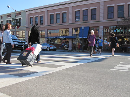 Pedestrians crossing the zebra stripe crosswalk at Mission Street and Meridian Avenue in South Pasadena
