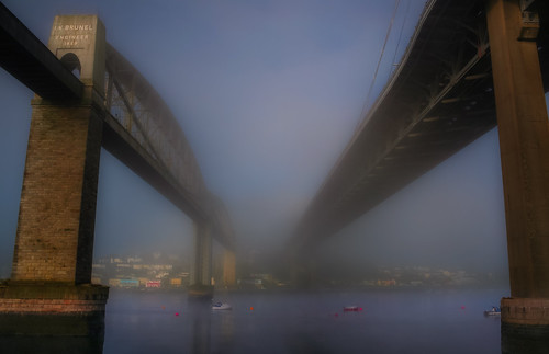 bridge sky mist fog reflections river cornwall stonework plymouth railway estuary devon tamar brunel saltash