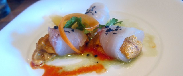 uni and halibut sashimi at matsuhisa