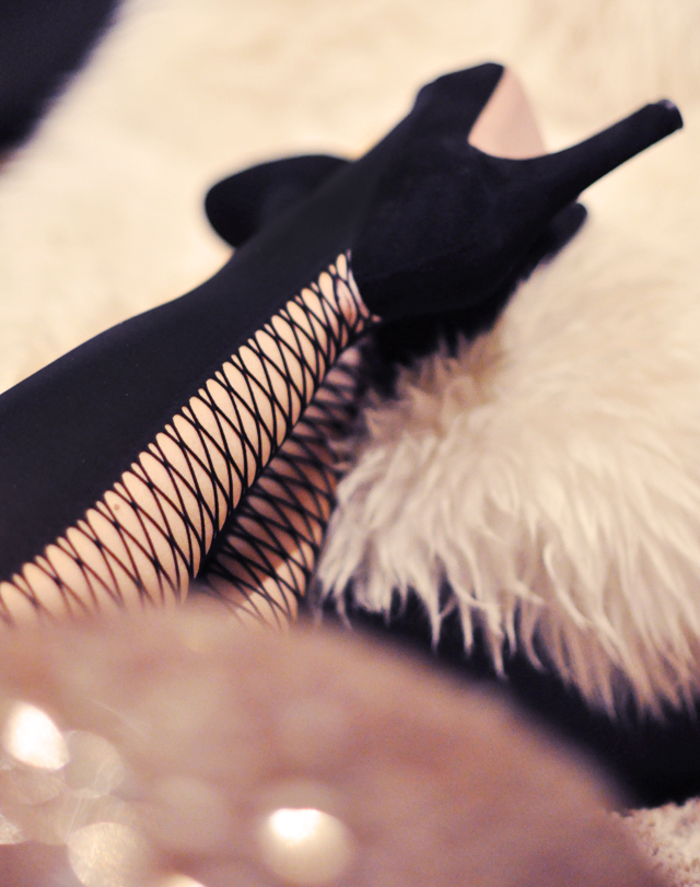 lace up tights-sequins- fur-heels