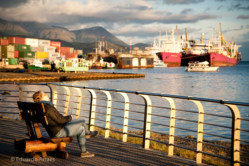 sea woman cold southamerica argentina port tierradelfuego ushuaia harbour relaxing oceanview province endoftheworld