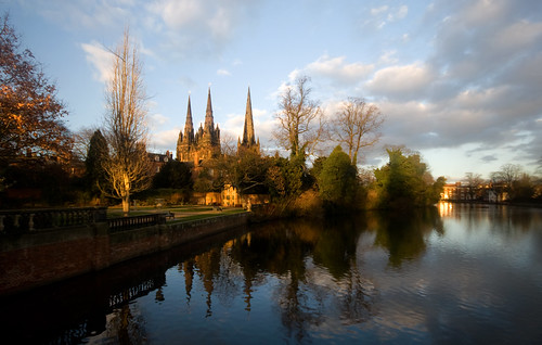 winter sunlight reflection pool evening war cathedral spires minster lichfield mamorial
