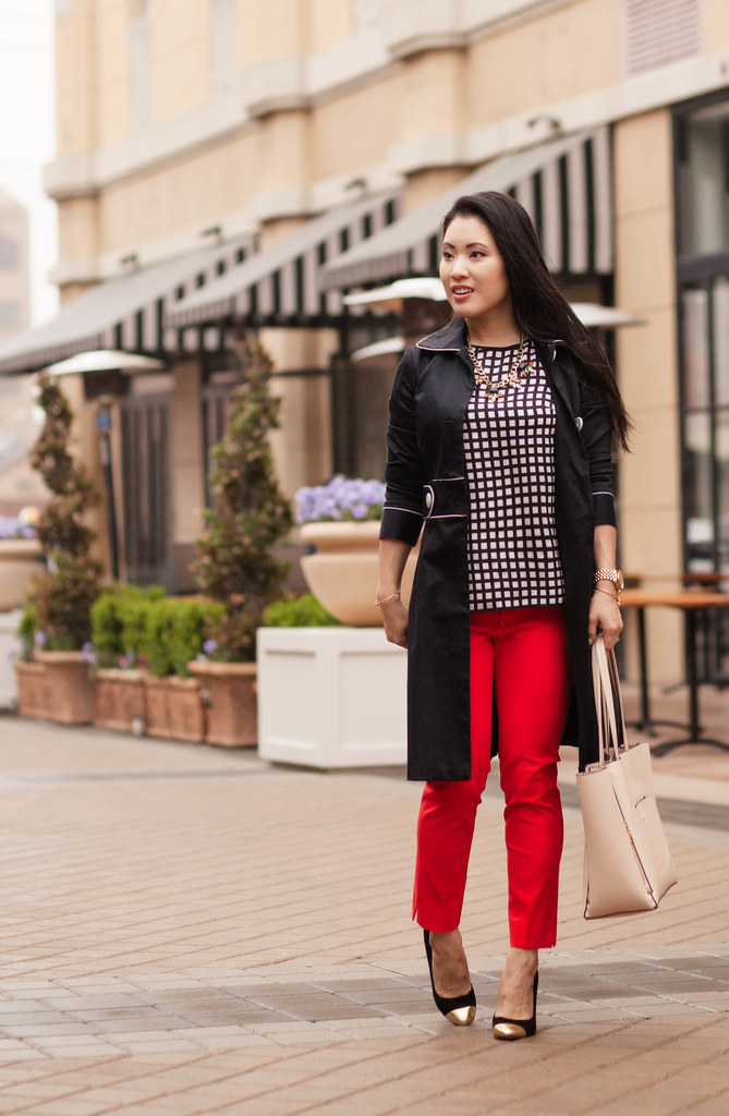cute & little blog | black contrast piping trench, windowpane silk shirt, red sloan pants, nude gallery tote, statement necklace outfit