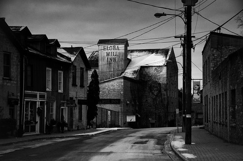 morning blackandwhite bw snow ontario canada mill stone sunrise river historic millstreet christmaseve grandriver elora 2011 eloramillinn markheine