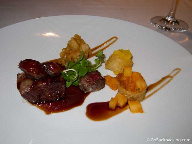 Wagyu beef with raspberry sauce, and 3 types of potatoes