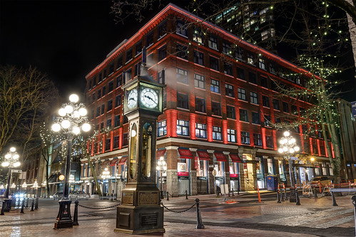 old city red urban canada mountains building clock water skyline night vancouver canon landscape jack lights town scenery long exposure downtown cityscape darkness pacific northwest time sigma columbia steam gas historical british gastown cambie vancity gassy