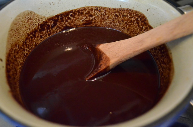 The chocolate chips have been completely melted giving the mixture a smooth consistency. 