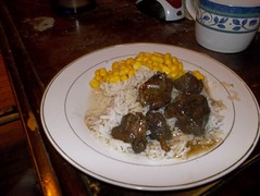 Spicy coffee braised pork with jasmine rice and buttered corn