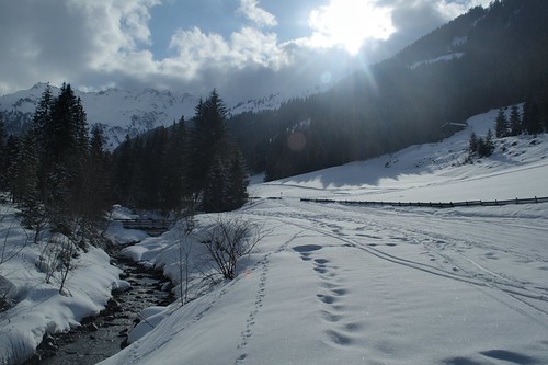 bridge winter light sun snow alps reflection stream skiing bright alpine hdr alpbach