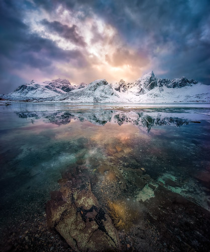 winter light sky mountain snow cold reflection ice weather norway clouds north dramatic wideangle arctic fjord bluehour scandinavia lofoten