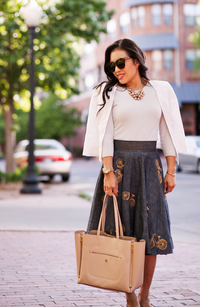 cute & little blog | petite fashion | blue bicycle printed retro skirt, white blazer | spring outfit