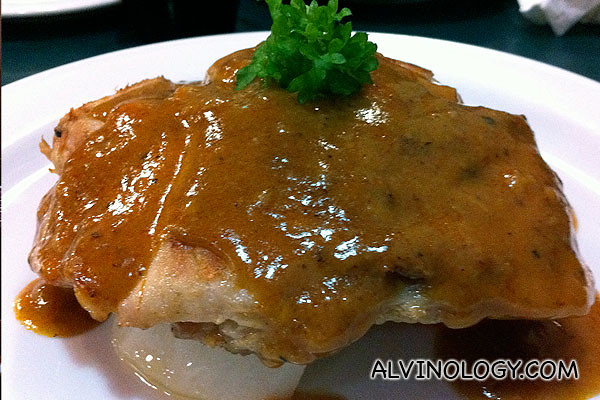 Chicken chop with mashed potato and greens