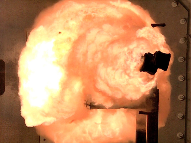 The first full-power test of the electromagnetic railgun prototype launcher.