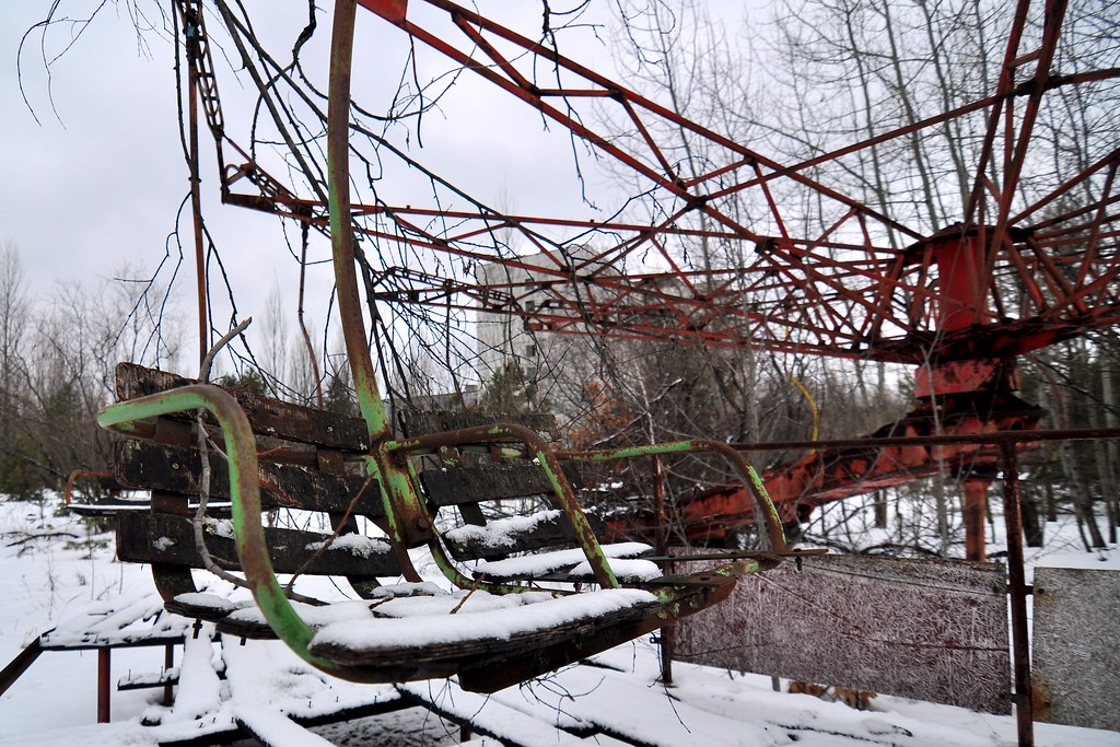 Ukraine, Chernobyl / Pripyat, Chernobyl Zone of Exclusion, Abandoned Swings in the Pripyat Amusement Park