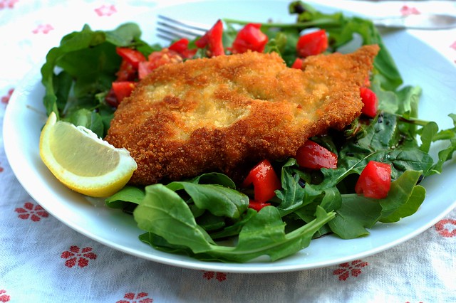 Chicken Milanese over a bed of fresh arugula with tomato by Eve Fox, Garden of Eating blog, copyright 2012