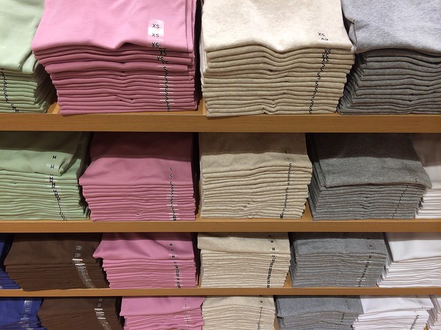 Berlin Uniqlo flagship store opening_shelves of folded colorful tee shirts