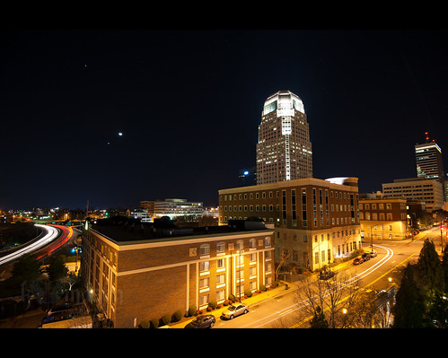 street longexposure usa moon skyline night cherry stars cityscape venus northcarolina crescent exit jupiter triple winstonsalem lightstream conjunction winstontower nikonafsnikkor1635mmf4gedvr