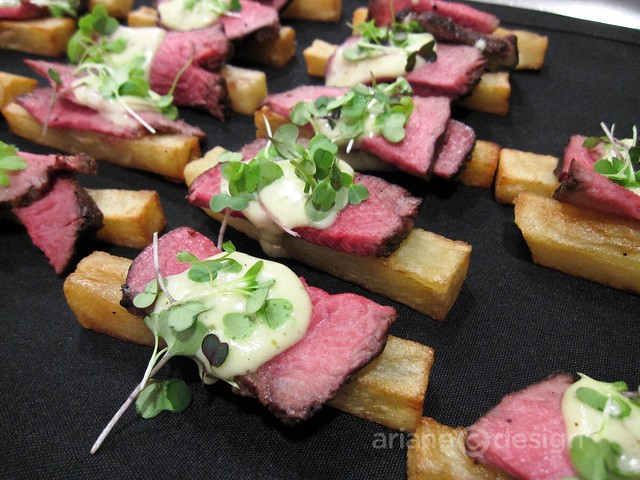 Mini steak frites with grilled Flank steak, Bearnaise red wine reduction