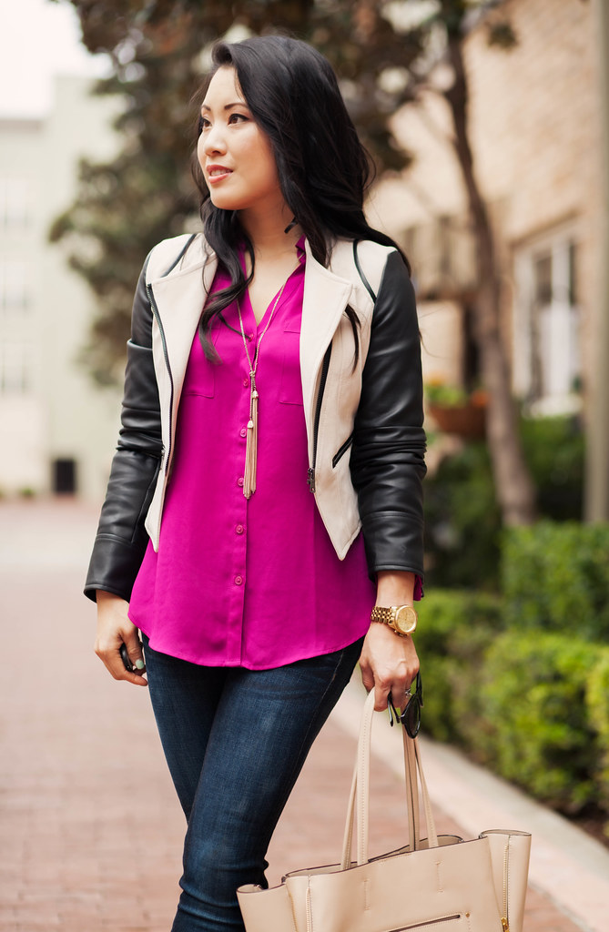 cute & little blog | petite fashion | edgy casual spring outfit | sheinside contrast leather sleeve moto jacket, radiant orchid portofino shirt, skinny jeans, tassel necklace