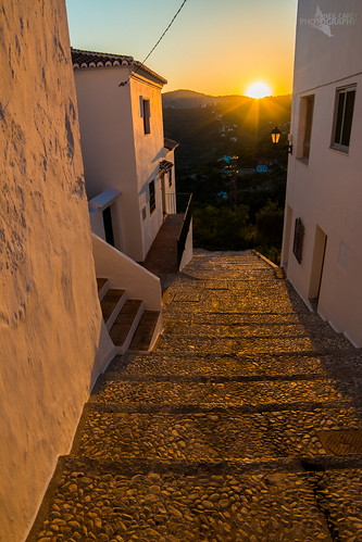 frigiliana sunset street cobbles stone houses steps spain