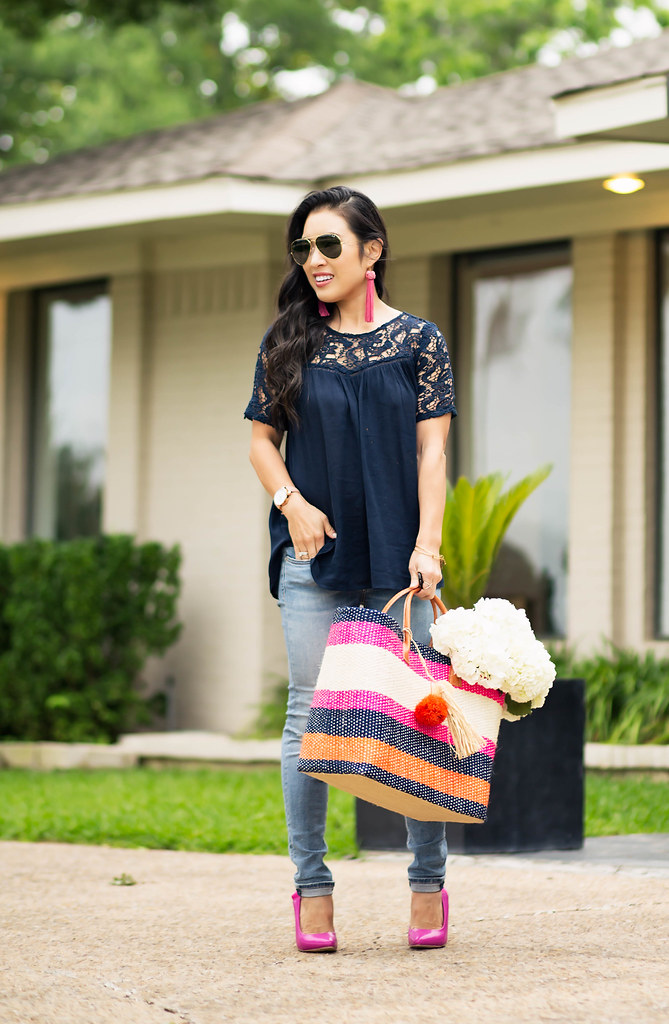 cute & little blog | petite fashion | navy criss-cross lace top, petite distressed jeans, hatattack striped summer straw tote, pink pumps, ray-ban aviators | spring summer outfit