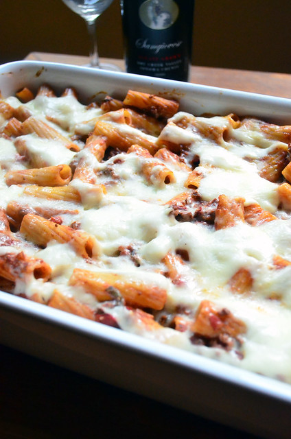 Creamy Baked Rigatoni with Meat Sauce in a casserole dish