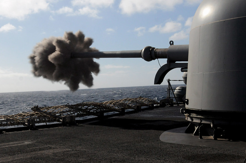 USS Simpson conducts a pre-action aim calibration test fire.