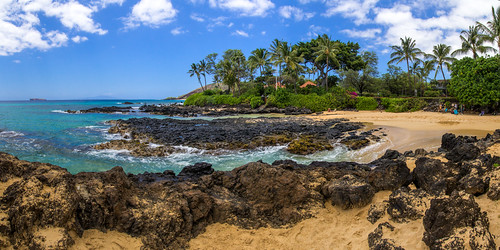 panorama water clouds landscape hawaii lava sand rocks surf day cloudy shoreline secretbeach maui explore palmtrees pacificocean shore makena weddingbeach makenacove paakocove