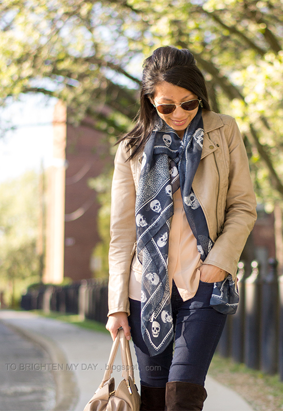 tan leather jacket, peach blouse, navy printed scarf, over the knee brown suede boots