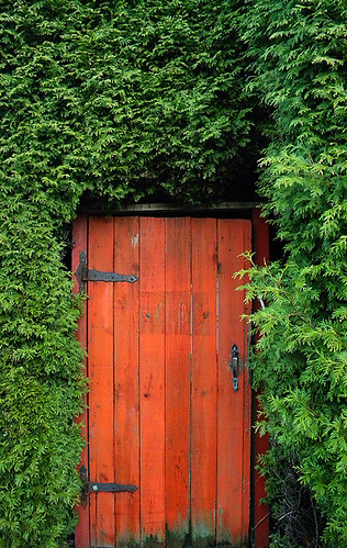 red gate in a green hedge