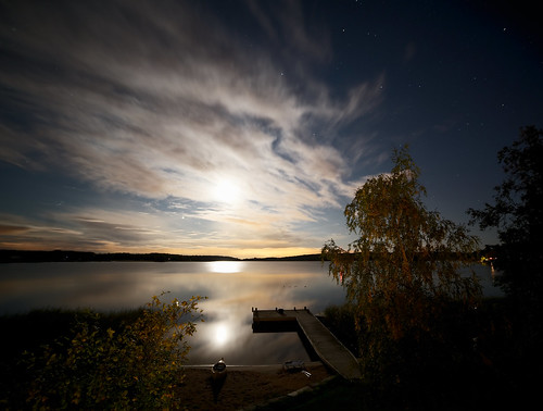 blue sea cloud moon tree water yellow night star pier sweden canoe stallarholmen