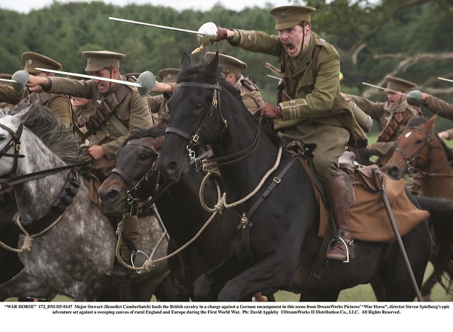 "WAR HORSE"..172_DM-D5-0147..Major Stewart (Benedict Cumberbatch) leads the British cavalry in a charge against a German encampment in this scene from DreamWorks Pictures' "War Horse", director Steven Spielberg's epic adventure set against a sweeping canv