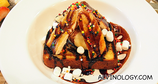 From the kids' menu: Banana Split Sandwich - Brioche, caramelised bananas, marshmallow topped with ice cream, rainbow sprinkles and chocolate sauce  (S$12)