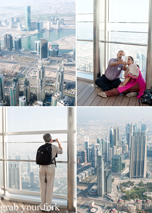 Visitors, selfies and views from the level 124 observation deck of Burj Khalifa, Dubai