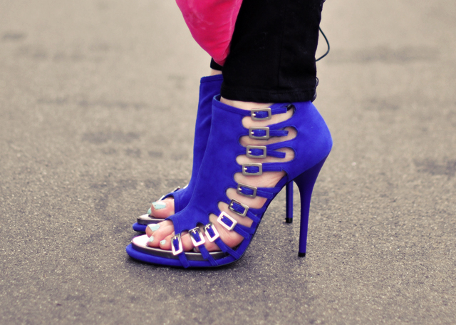 Bright blue suede buckle ankle boot