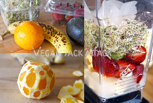 image collage of prepping ingredients for smoothie before blending