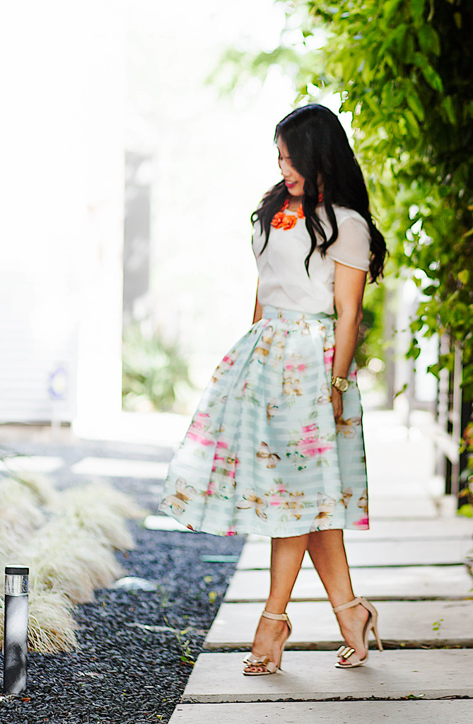 cute & little blog | spring floral midi outfit | chicwish butterfly flower full midi skirt, orange flower bib neklace, nude bow strappy sandals
