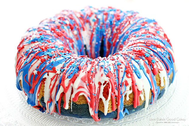 Show your patriotism with this Firecracker Cake! The red, white, and blue runs inside and out!! Great for Memorial Day, the 4th of July or any occasion you want to share a little American pride!