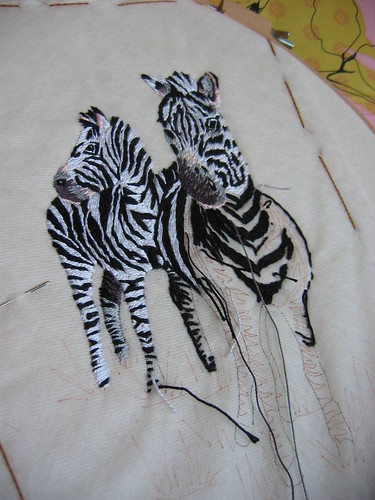 Threadpainting Zebras for African blanket