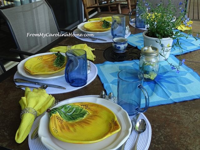 Blue and Yellow Outdoor Tablescape at From My Carolina Home