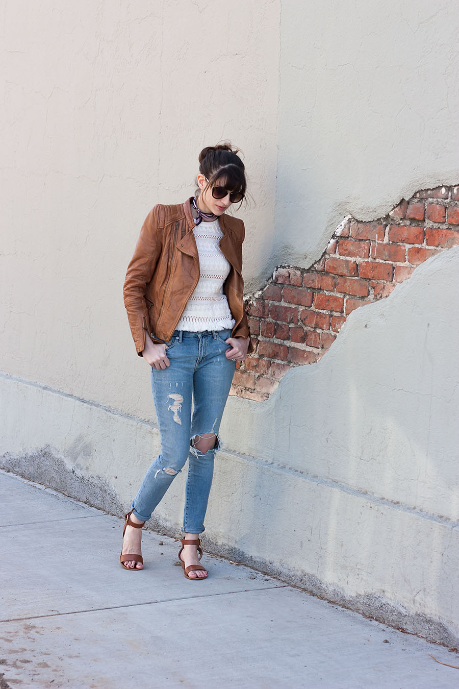 Gap Distressed Skinny Jeans, Fringe Top, Tan Leather Jacket