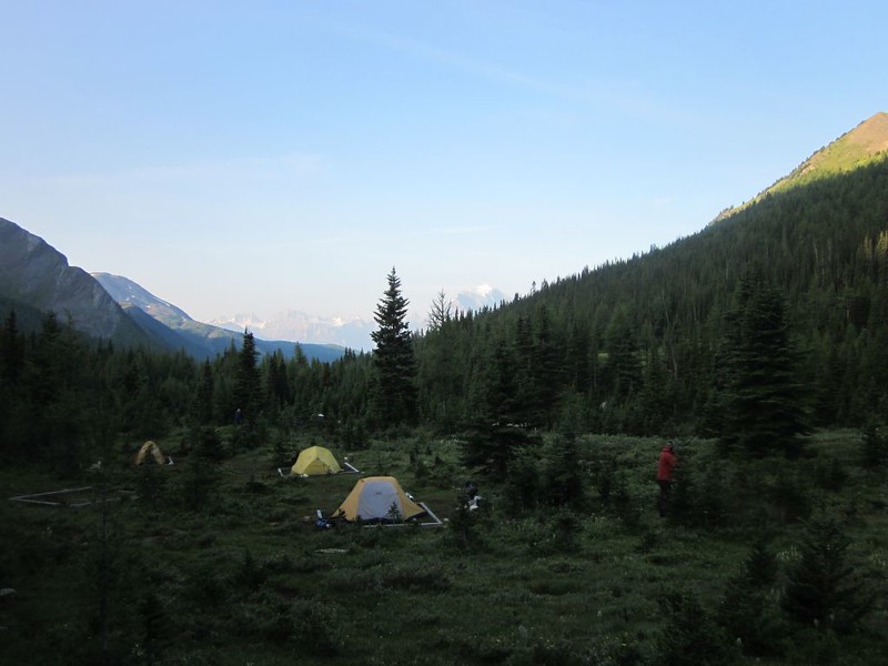 Morning view of our tent and the SK5 camp on the Skoki Lakes Trail