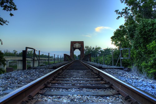 railroad bridge sunset texas hdr