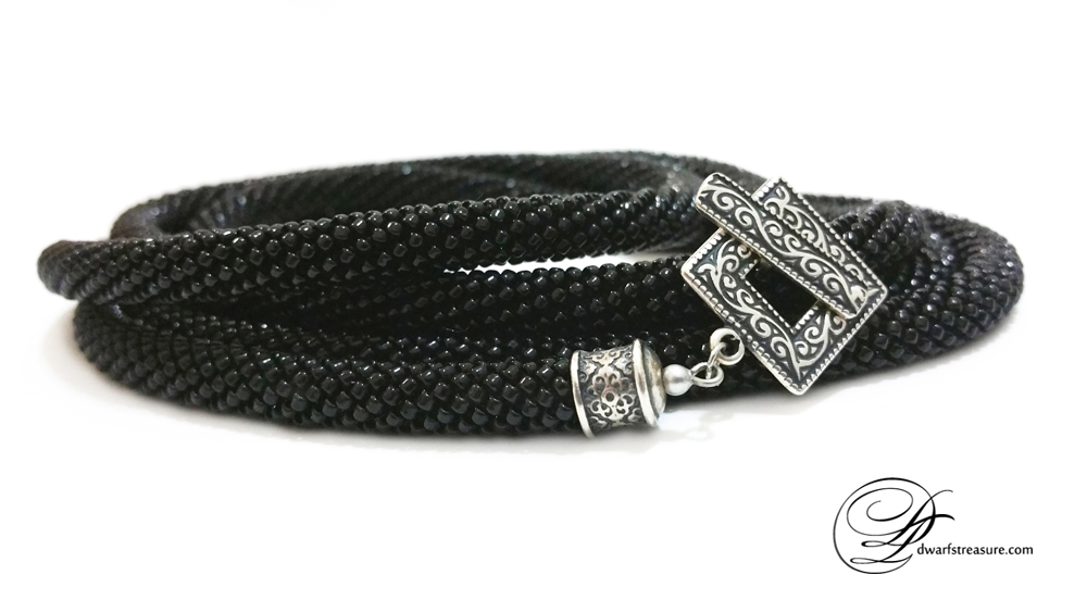 Luxurious custom made black beaded crochet long necklace