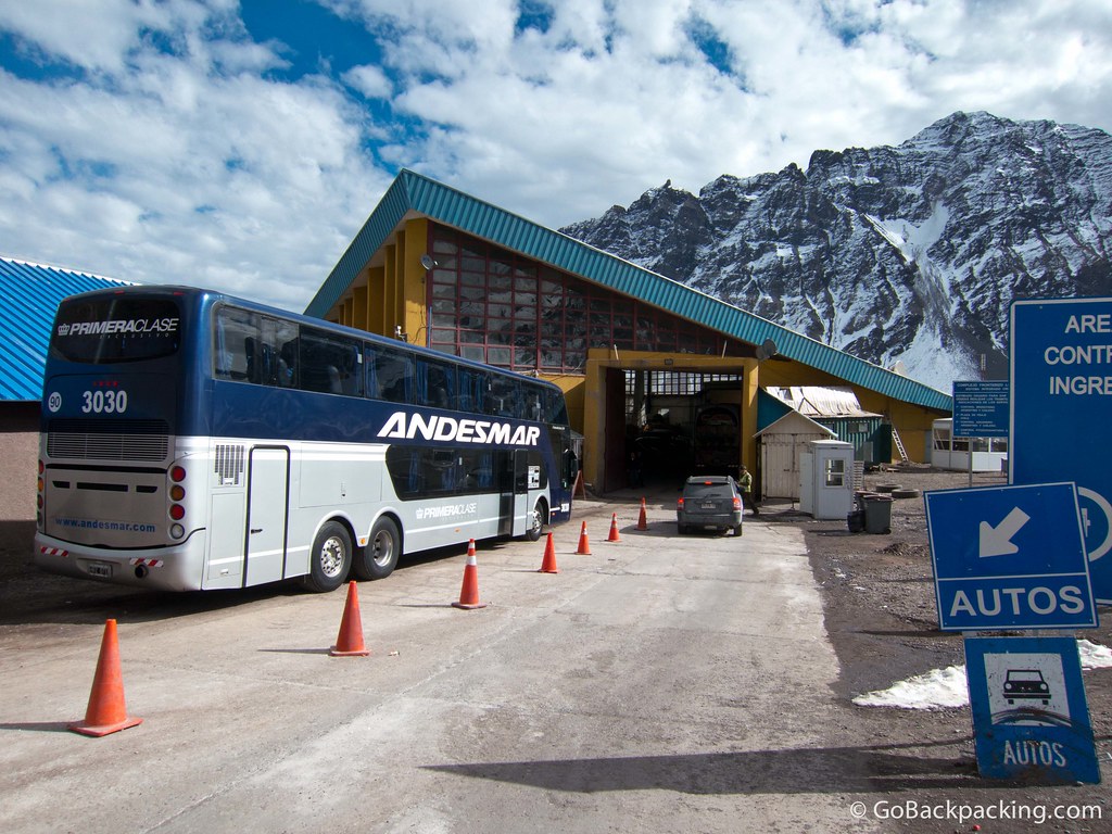 Our bus outside the Chilean immigration office, which has the distinct appearance of a ski chalet.